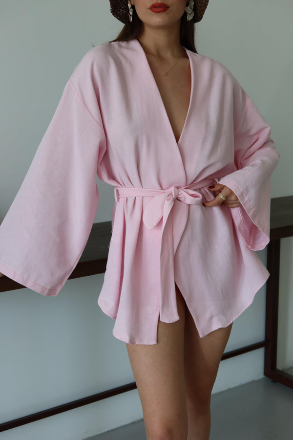 Pembe Düğme Detaylı Kemerli Kimono - 005