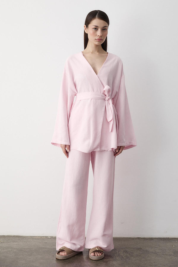 Pembe Pamuklu Kimono Bol Paça Pantolon Takım