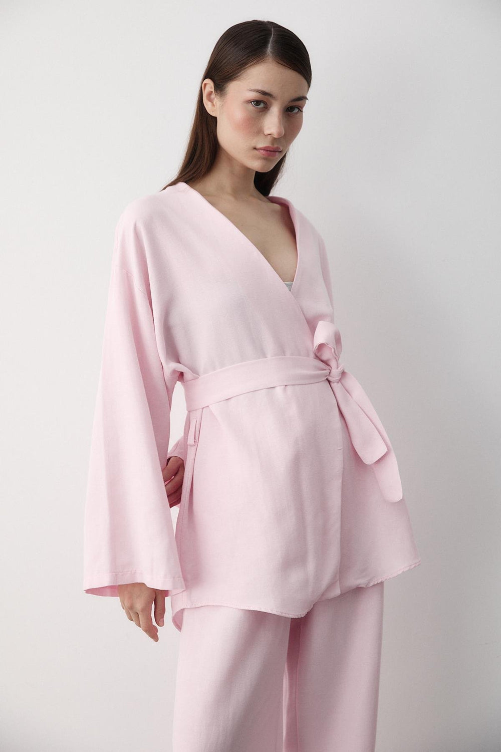Pembe Pamuklu Kimono Bol Paça Pantolon Takım