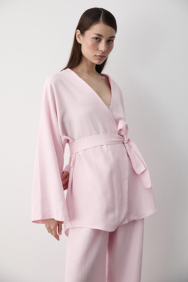 Pembe Pamuklu Kimono Bol Paça Pantolon Takım