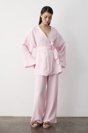 Pembe Pamuklu Kimono Bol Paça Pantolon Takım