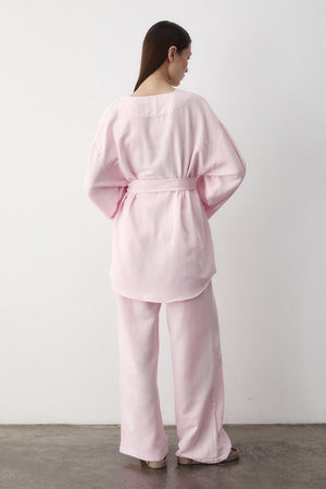 Pembe Pamuklu Kimono Bol Paça Pantolon Takım
