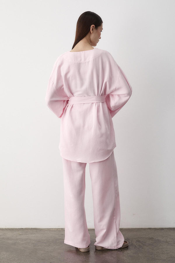 Pembe Pamuklu Kimono Bol Paça Pantolon Takım