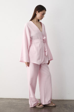 Pembe Pamuklu Kimono Bol Paça Pantolon Takım