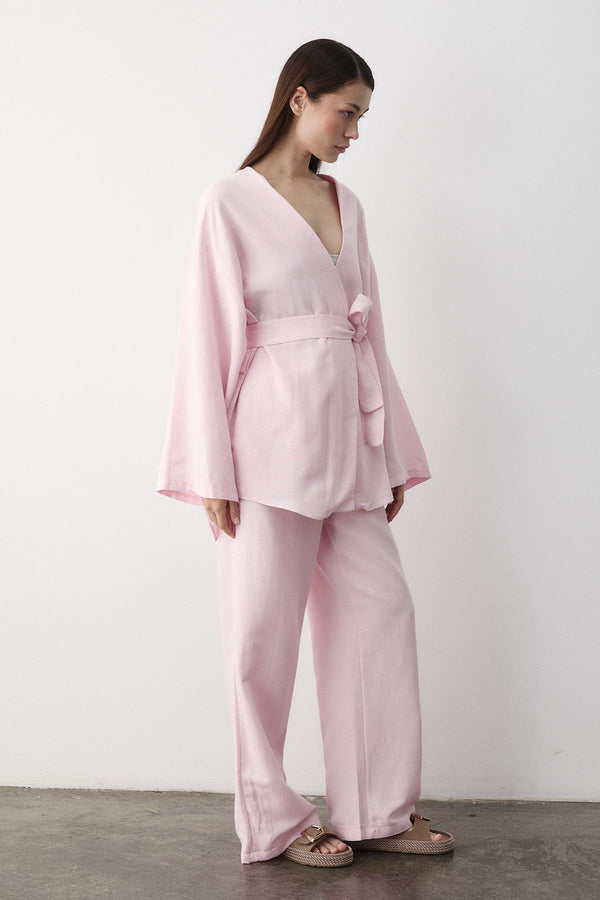 Pembe Pamuklu Kimono Bol Paça Pantolon Takım