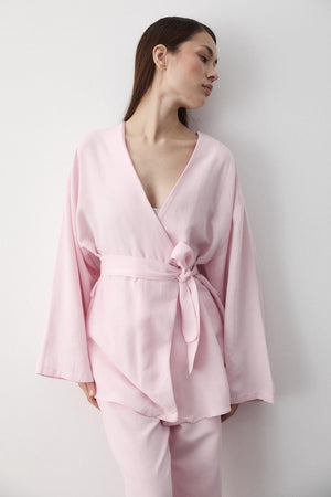 Pembe Pamuklu Kimono Bol Paça Pantolon Takım