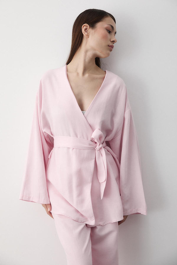 Pembe Pamuklu Kimono Bol Paça Pantolon Takım