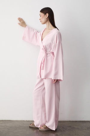 Pembe Pamuklu Kimono Bol Paça Pantolon Takım