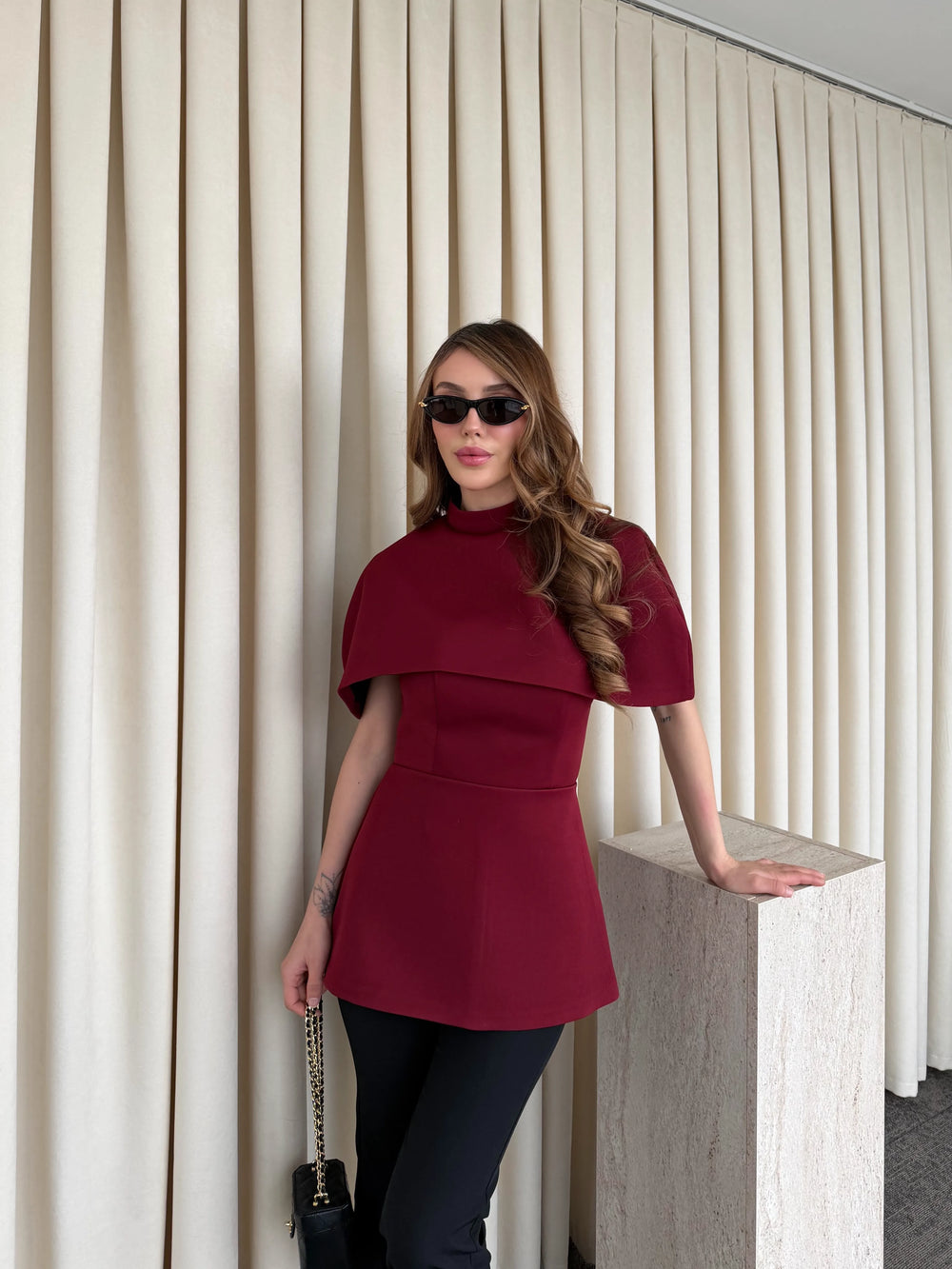 Bordo Pelerinli Straplez Bluz - 1101