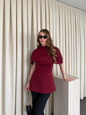 Bordo Pelerinli Straplez Bluz - 1101