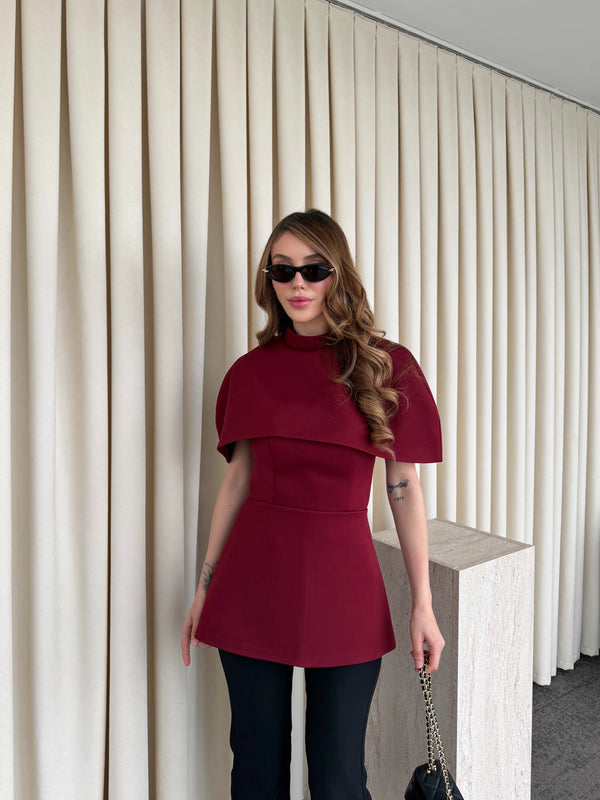 Bordo Pelerinli Straplez Bluz - 1101