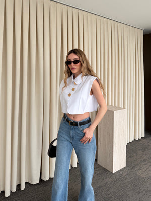 Ekru Poplin Crop Yelek - 8419