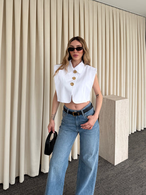 Ekru Poplin Crop Yelek - 8419