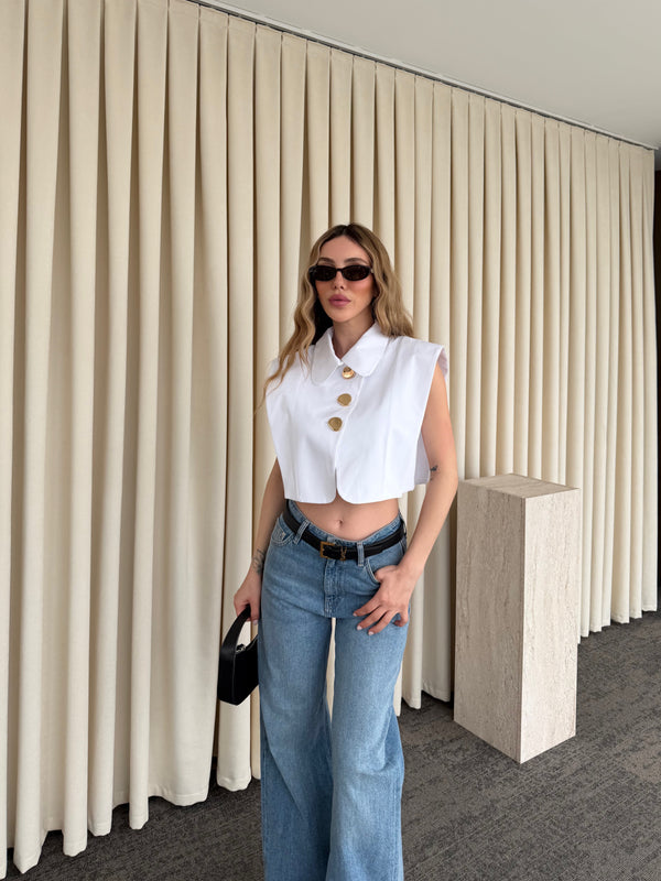 Ekru Poplin Crop Yelek - 8419