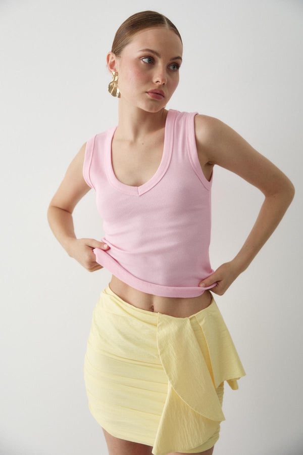 Pembe V Yaka Fitilli Bluz