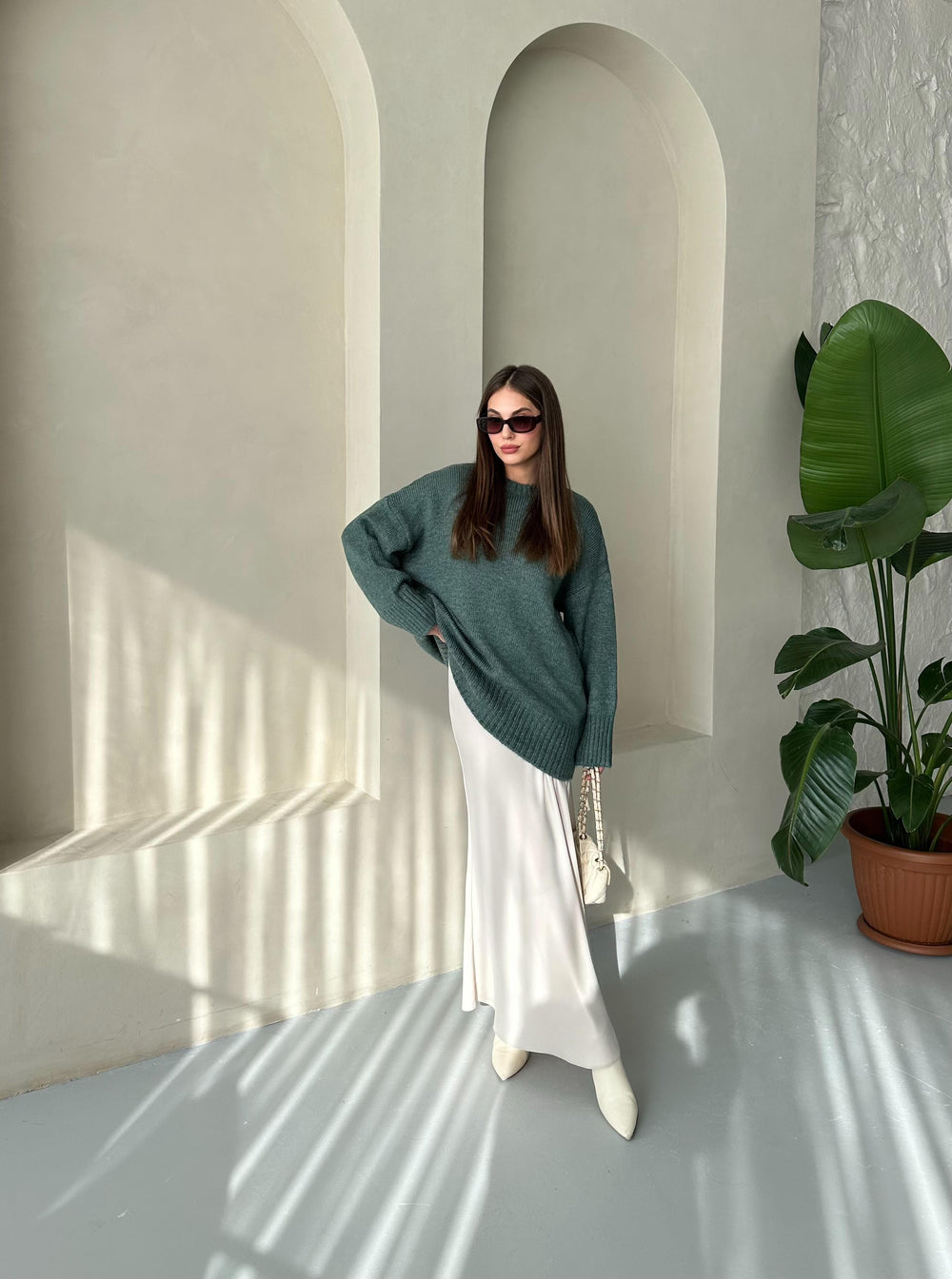 Petrol Yeşili Düz Basic Kalın Kazak