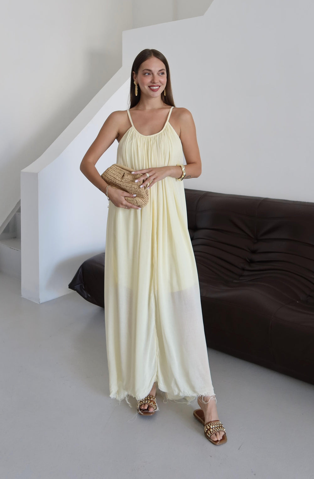 Sarı Askılı Rahat Kesim Elbise