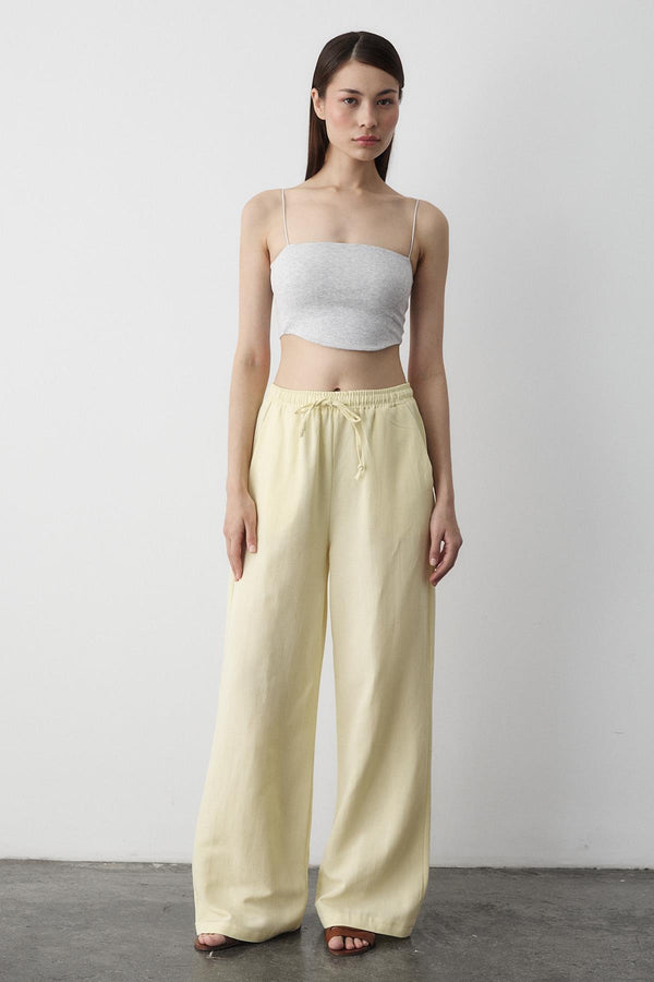 Sarı Beli Lastikli Pamuklu Keten Pantolon