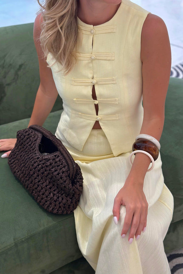 Sarı Brit Detaylı Yelek Etek Takım