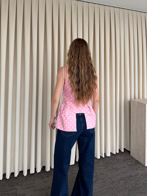 Pembe Kare Yaka Puantiyeli Bluz - 8433