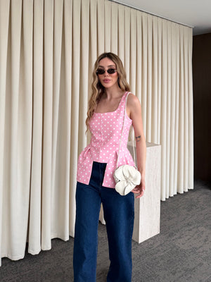 Pembe Kare Yaka Puantiyeli Bluz - 8433