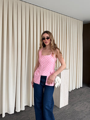 Pembe Kare Yaka Puantiyeli Bluz - 8433