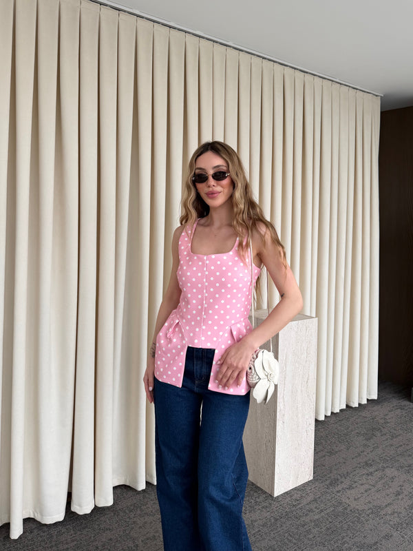 Pembe Kare Yaka Puantiyeli Bluz - 8433