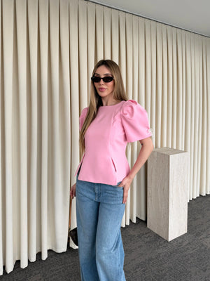 Pembe Kolu İnci Fiyonk Detaylı Bluz - 5001