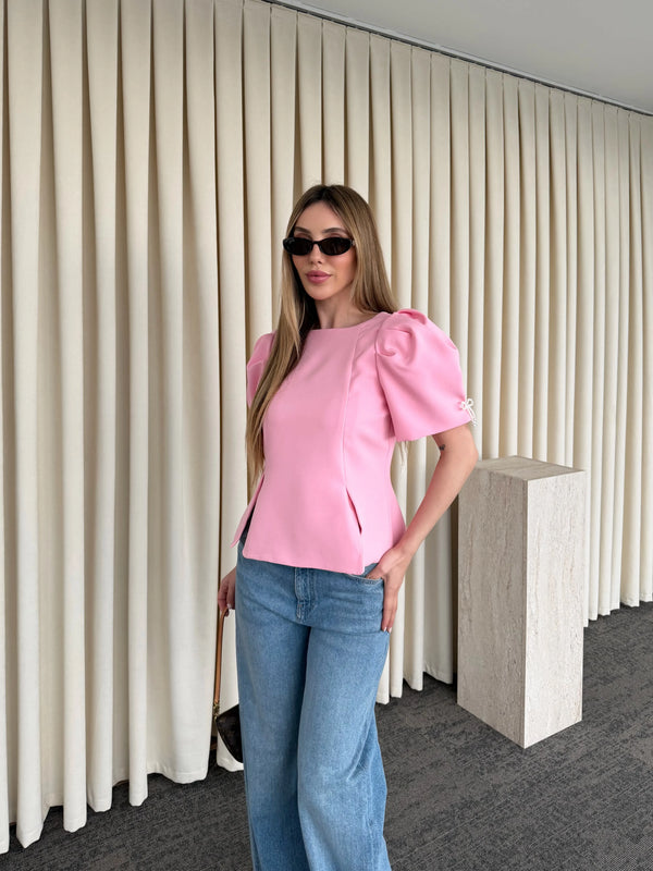 Pembe Kolu İnci Fiyonk Detaylı Bluz - 5001