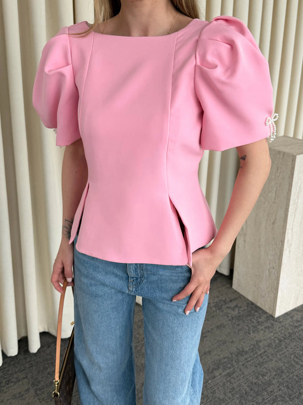 Pembe Kolu İnci Fiyonk Detaylı Bluz - 5001