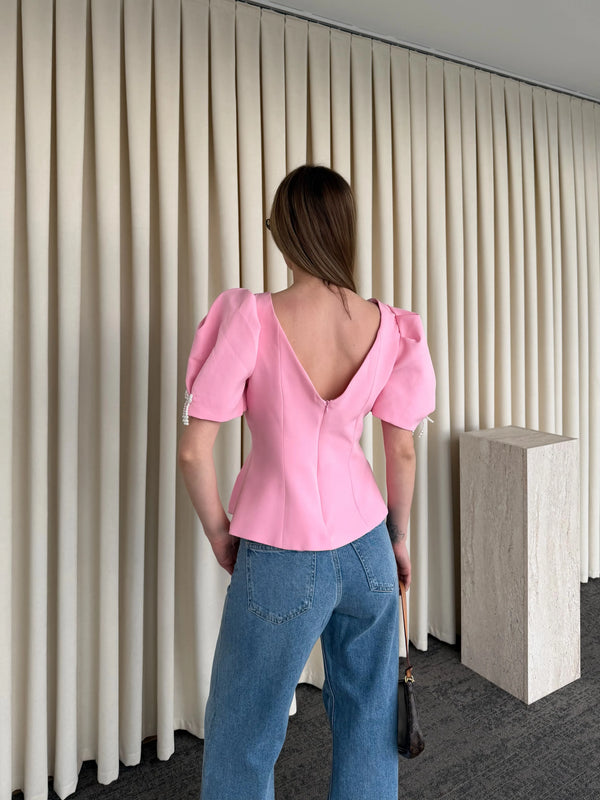 Pembe Kolu İnci Fiyonk Detaylı Bluz - 5001