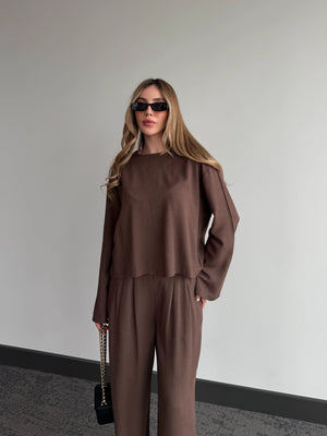 Kahverengi Mermaid Bluz Pantolon Takım - 8760