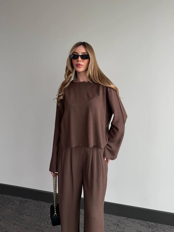 Kahverengi Mermaid Bluz Pantolon Takım - 8760