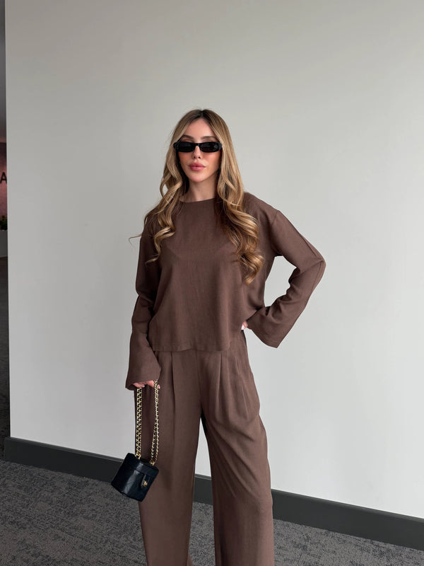 Kahverengi Mermaid Bluz Pantolon Takım - 8760