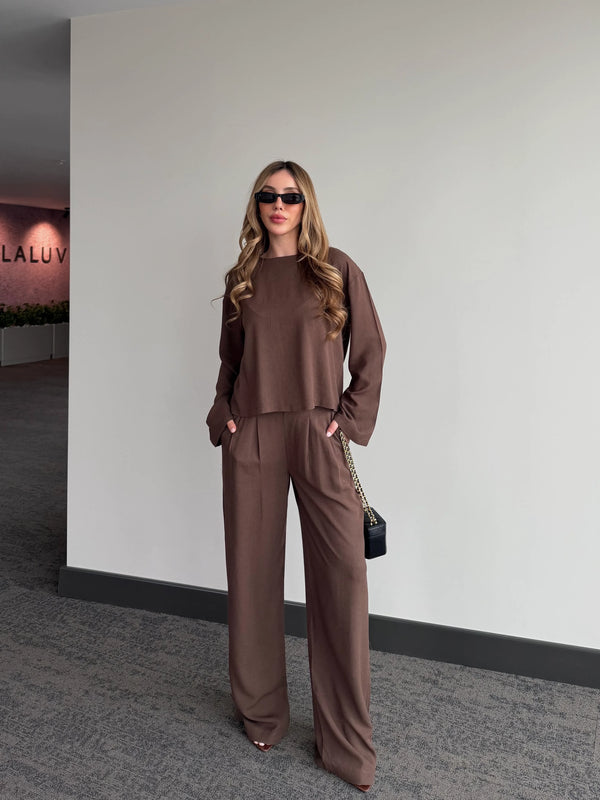 Kahverengi Mermaid Bluz Pantolon Takım - 8760
