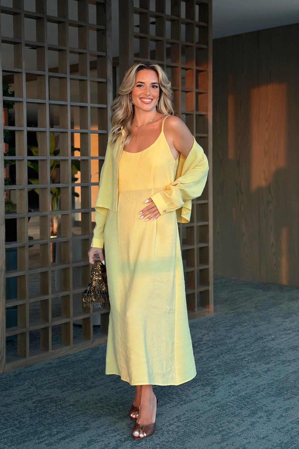 Sarı Modal Kumaş Gömlek Elbise Takım