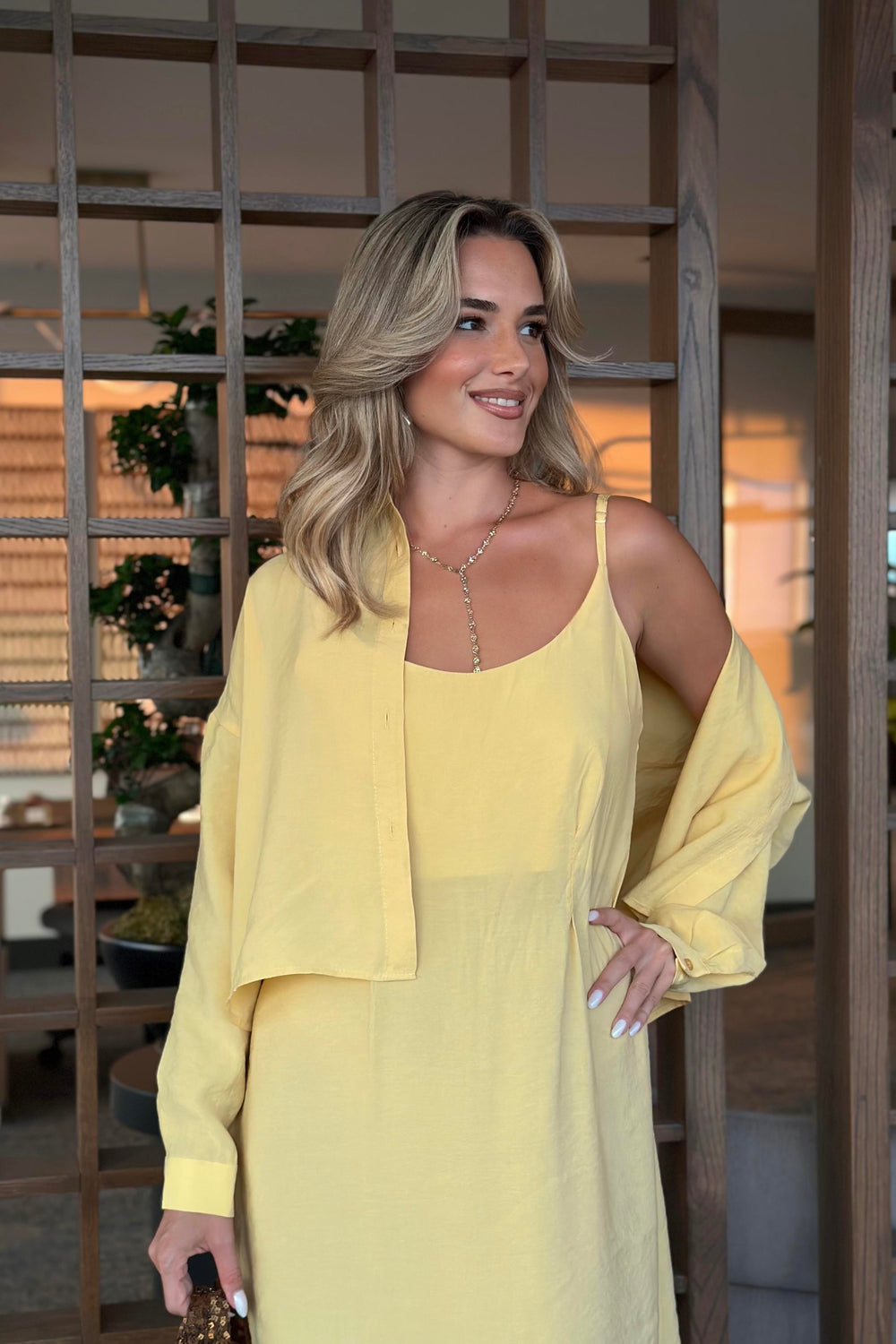 Sarı Modal Kumaş Gömlek Elbise Takım