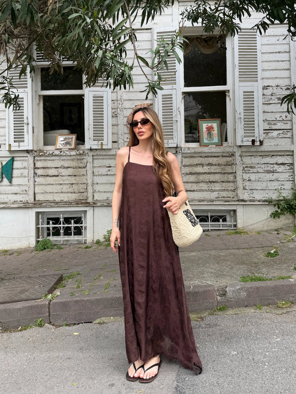 Kahverengi Nakışlı Elbise - 3437