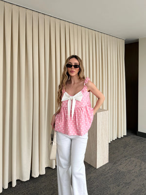 Pembe Önü Fiyonklu Puantiyeli Bluz - 8435