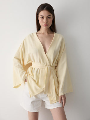 Sarı Pamuklu Düğme Detaylı Kemerli Keten Kimono