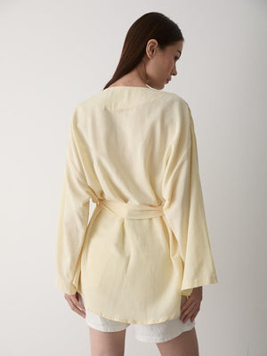 Sarı Pamuklu Düğme Detaylı Kemerli Keten Kimono