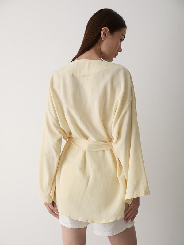 Sarı Pamuklu Düğme Detaylı Kemerli Keten Kimono