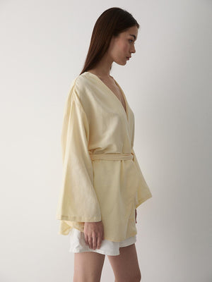 Sarı Pamuklu Düğme Detaylı Kemerli Keten Kimono