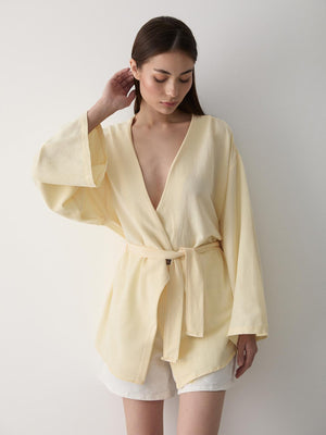 Sarı Pamuklu Düğme Detaylı Kemerli Keten Kimono