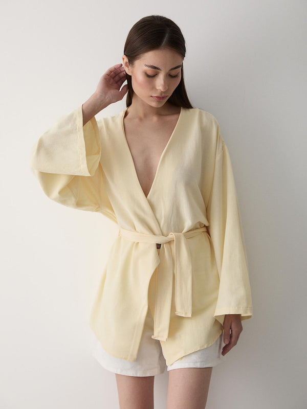 Sarı Pamuklu Düğme Detaylı Kemerli Keten Kimono
