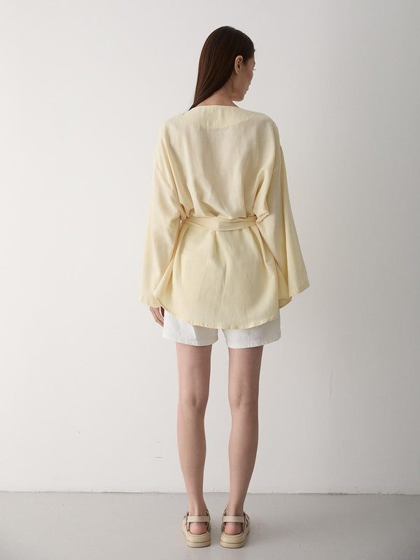 Sarı Pamuklu Düğme Detaylı Kemerli Keten Kimono