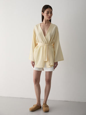Sarı Pamuklu Düğme Detaylı Kemerli Keten Kimono