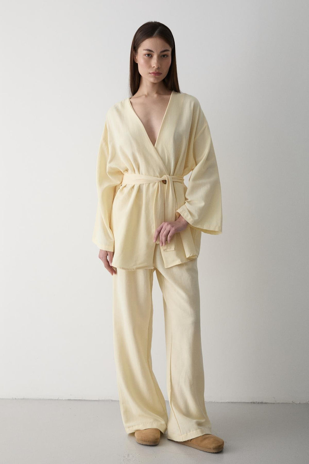 Sarı Pamuklu Kimono Bol Paça Pantolon Takım