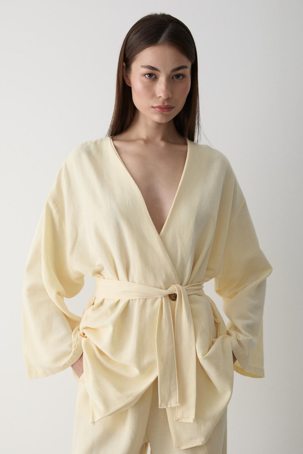 Sarı Pamuklu Kimono Bol Paça Pantolon Takım