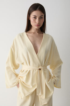 Sarı Pamuklu Kimono Bol Paça Pantolon Takım